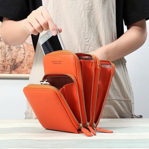 Designer Handy-Handtasche aus Leder mit dreifachem Verschluss und Kartenfächer I Handy Umhängetasche_orange