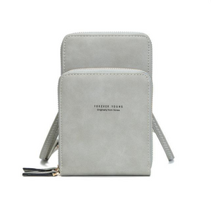 Designer Handy-Handtasche aus Leder mit dreifachem Verschluss und Kartenfächer I Handy Umhängetasche_grau