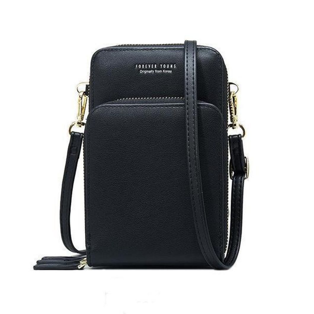 Designer Handy-Handtasche aus Leder mit dreifachem Verschluss und Kartenfächer I Handy Umhängetasche_schwarz 7