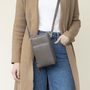 Designer Handy-Handtasche aus Leder mit dreifachem Verschluss und Kartenfächer I Handy Umhängetasche_dunkelgrau