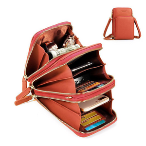 Designer Handy-Handtasche aus Leder mit dreifachem Verschluss und Kartenfächer I Handy Umhängetasche_orange 2
