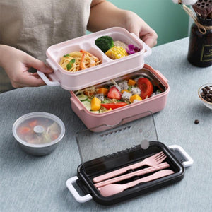 Auslaufsichere Lunchbox mit Fächern und Besteck rosa 2