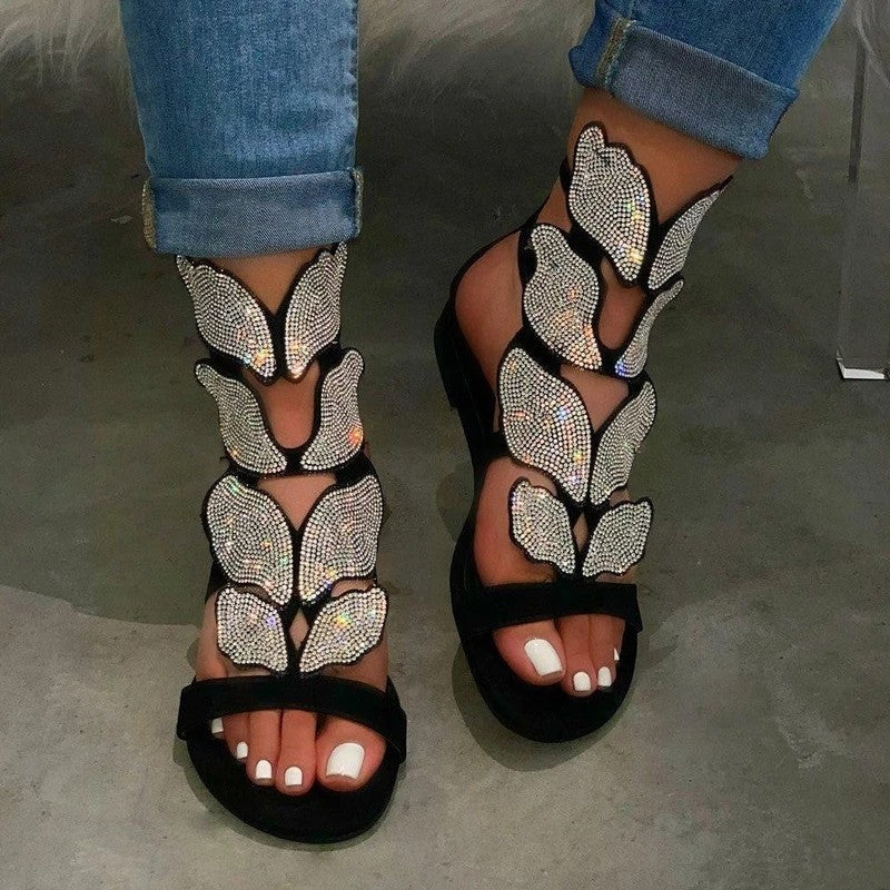 WOLF Frauen Mode Strass Schmetterling Flügel Muster Sandalen