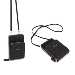 Designer Handy-Handtasche aus Leder mit dreifachem Verschluss und Kartenfächer I Handy Umhängetasche_schwarz 2